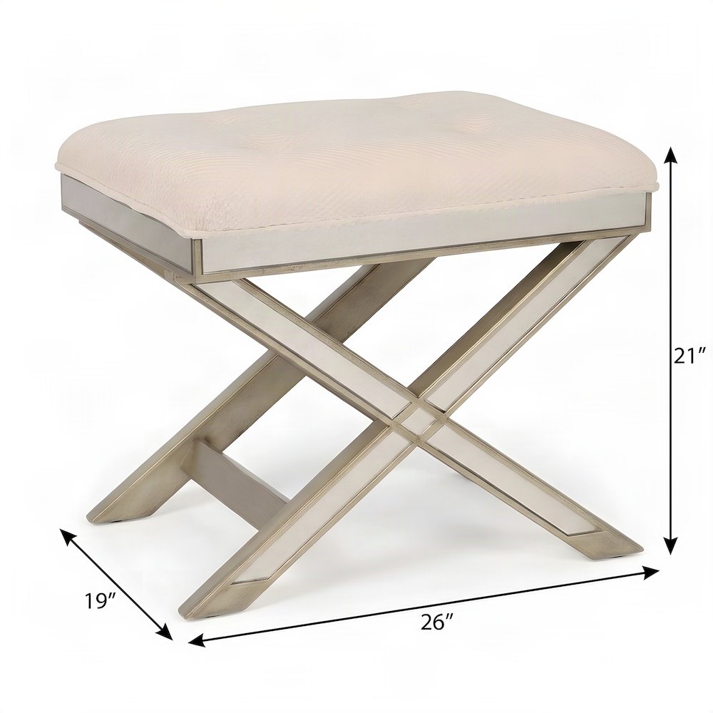 Starlight Canyon Home Mirrored Vanity Stool with Distressed Finish, Cream