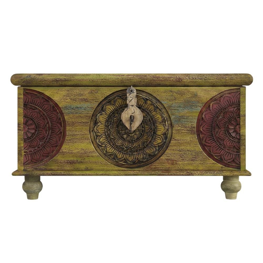 Carved Wood Trunk Coffee Table, Boho Eclectic Cocktail Table for Living Room