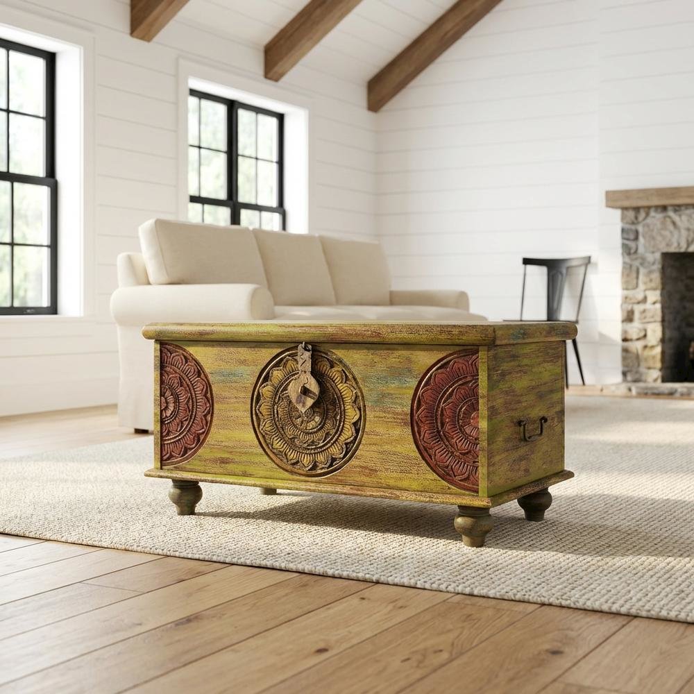 Carved Wood Trunk Coffee Table, Boho Eclectic Cocktail Table for Living Room