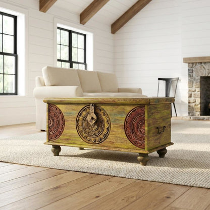 Carved Wood Trunk Coffee Table, Boho Eclectic Cocktail Table for Living Room