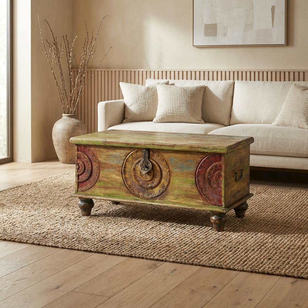 Carved Wood Trunk Coffee Table, Boho Eclectic Cocktail Table for Living Room