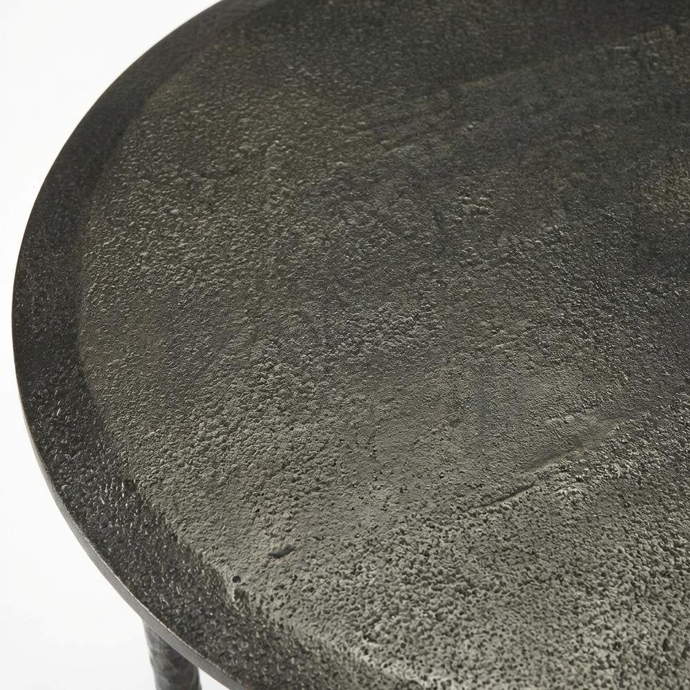 Round Side Table with Distressed Finish, Industrial Accent Table for Living Room