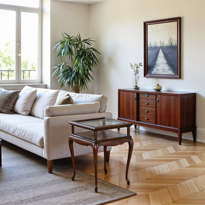 Dark Brown Shadow Box Coffee Table with Glass Top and Display Storage
