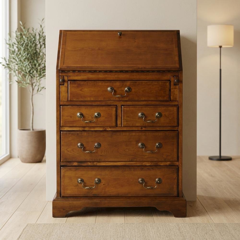 Traditional Secretary Desk with 7 Drawers, Writing Desk, Olive Ash