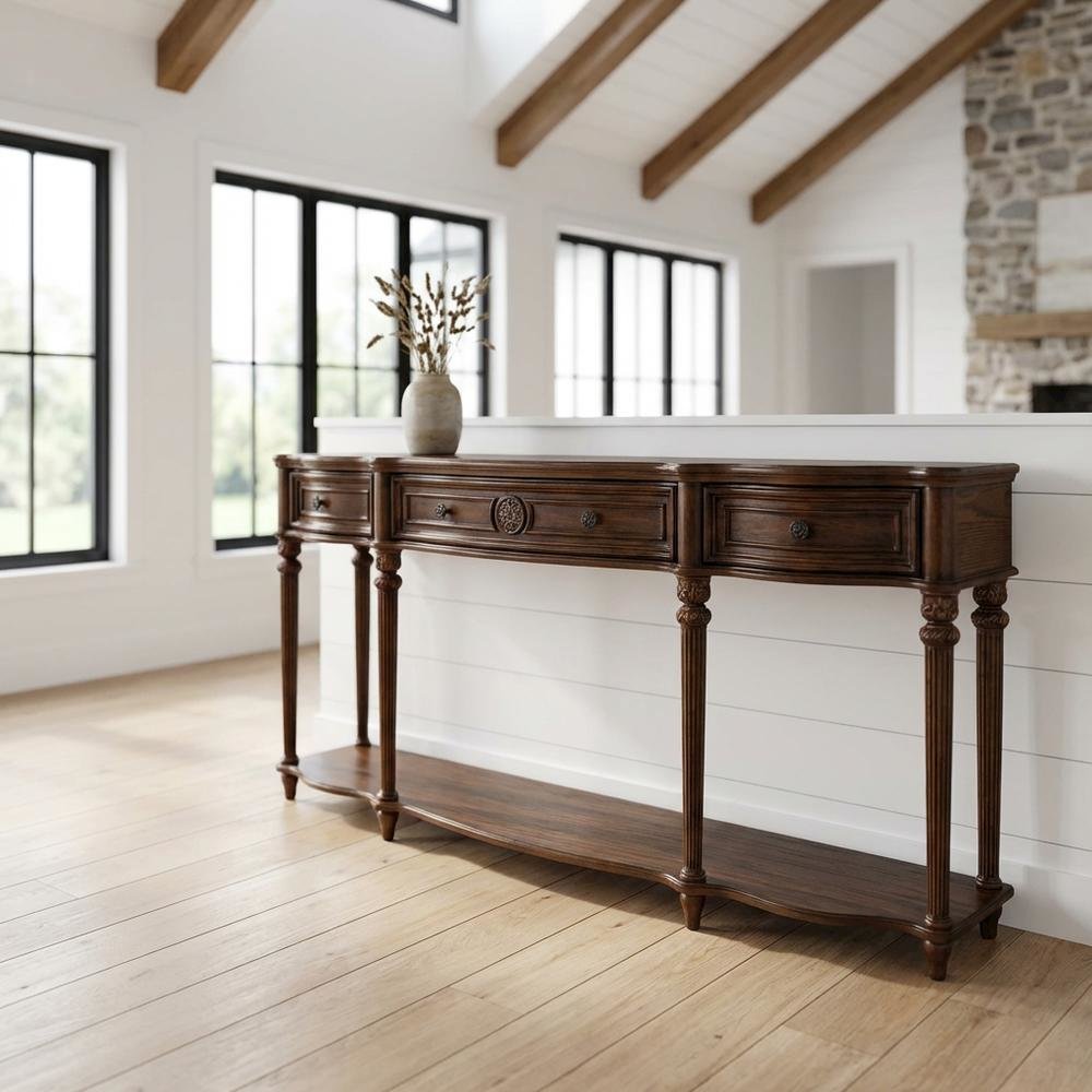 3-Drawer Console Table, Traditional Wood Sofa Table, Vintage Oak