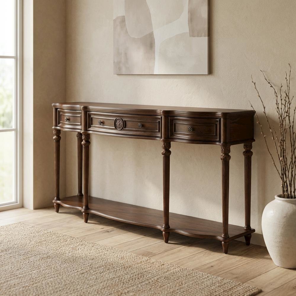 3-Drawer Console Table, Traditional Wood Sofa Table, Vintage Oak