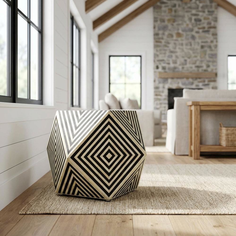 Geometric Square Side Table, Modern Bone Inlay Accent Table for Living Room
