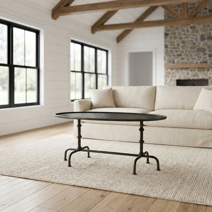 Oval Industrial Coffee Table, Distressed Metal Cocktail Table for Living Room