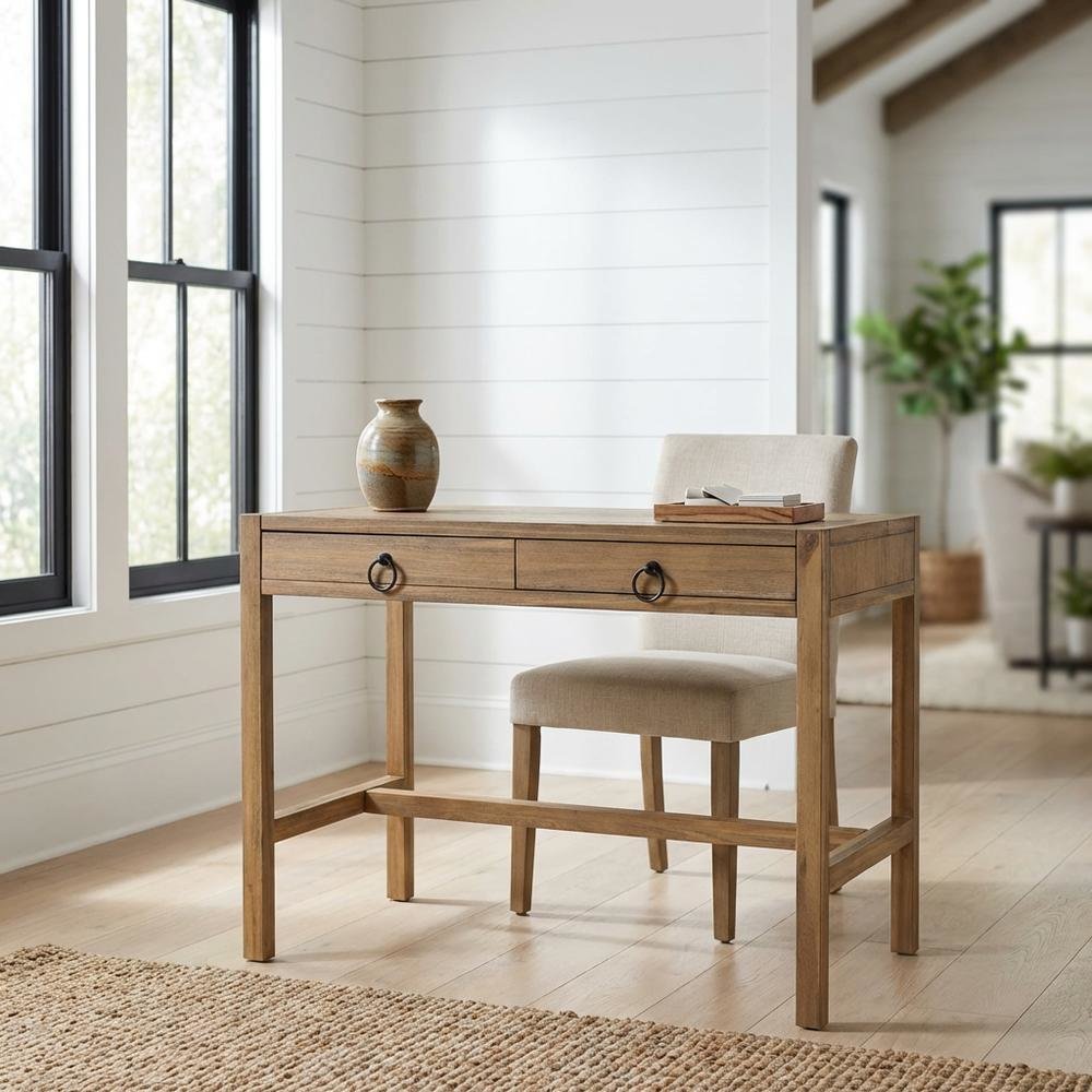Light Brown Wooden Office Desk With 2 Drawers And Transitional Style