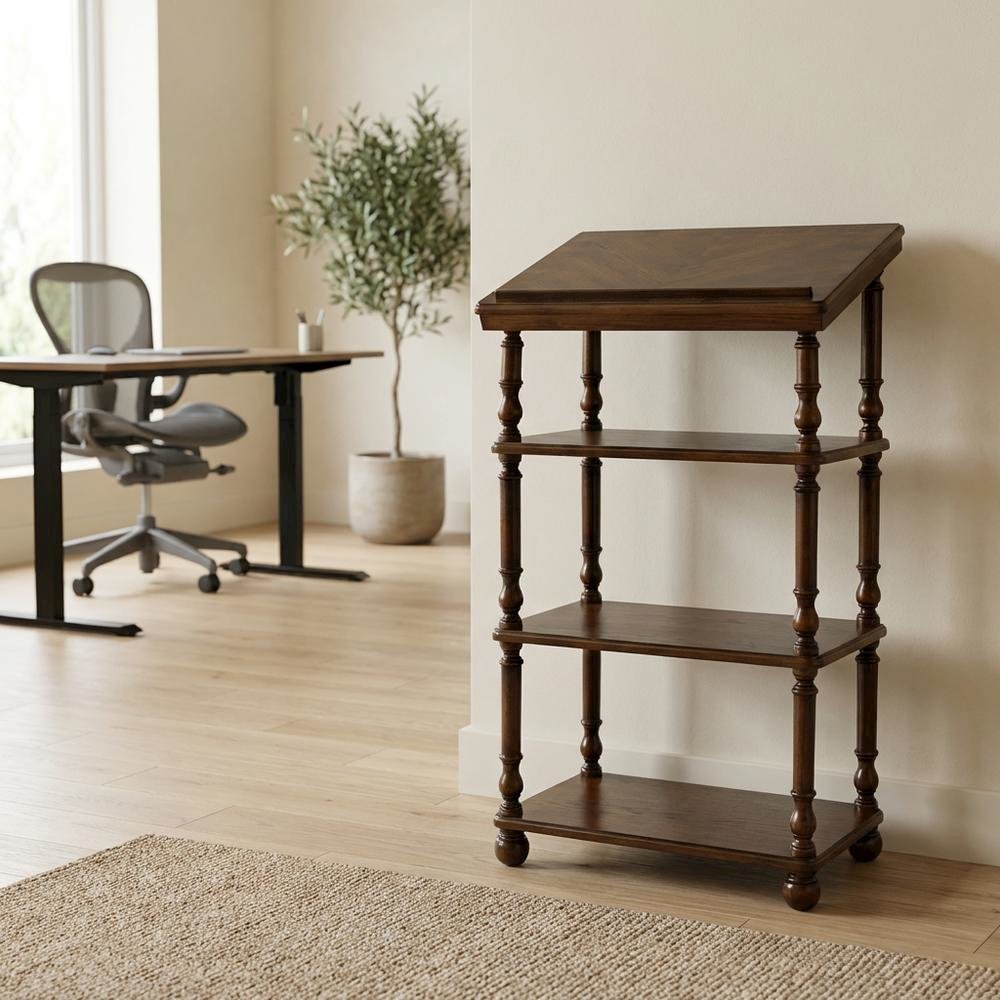 Traditional Library Stand with Storage, Wood Writing Desk, Vintage Oak