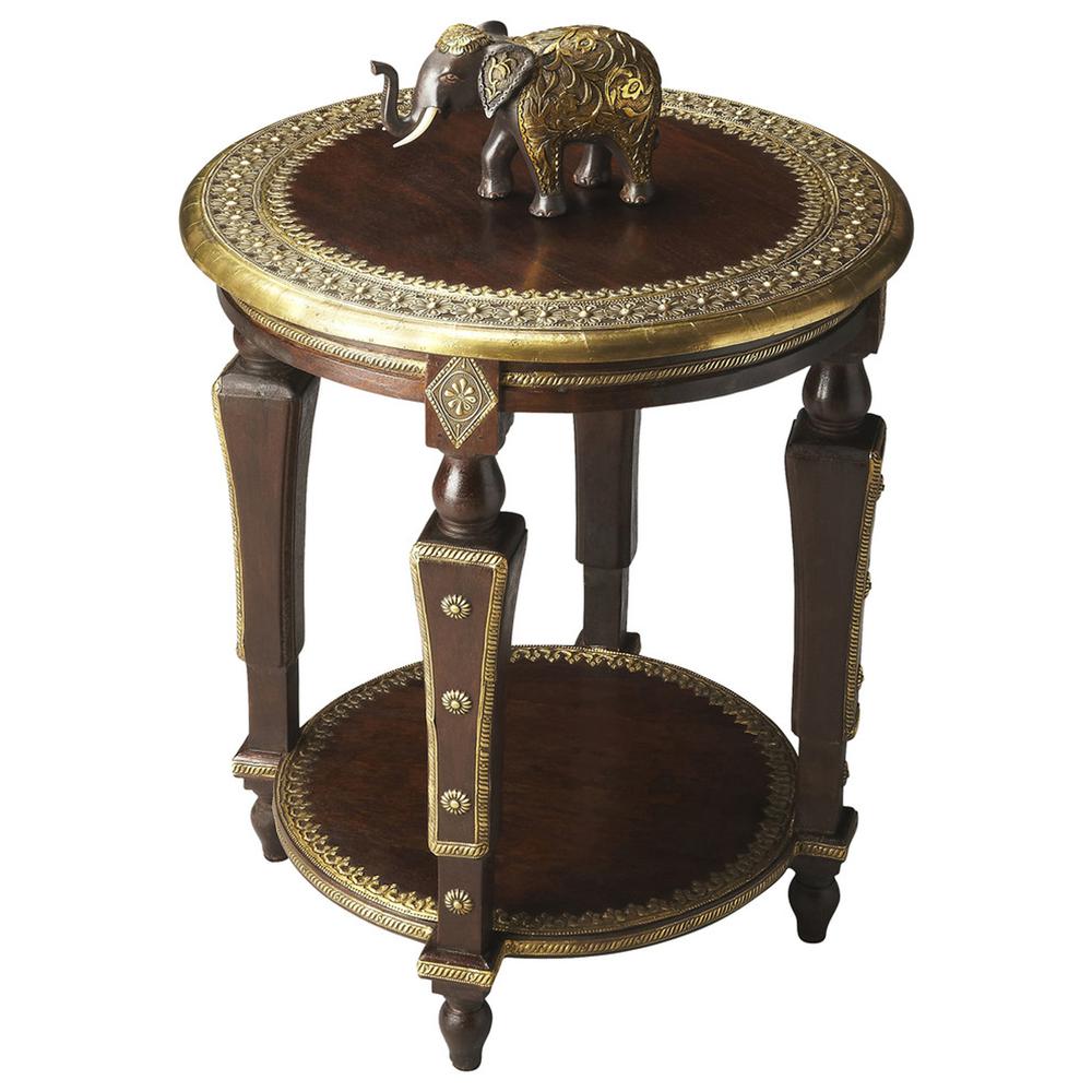 Ranthore Round Brass 20"W Side Table, Dark Brown