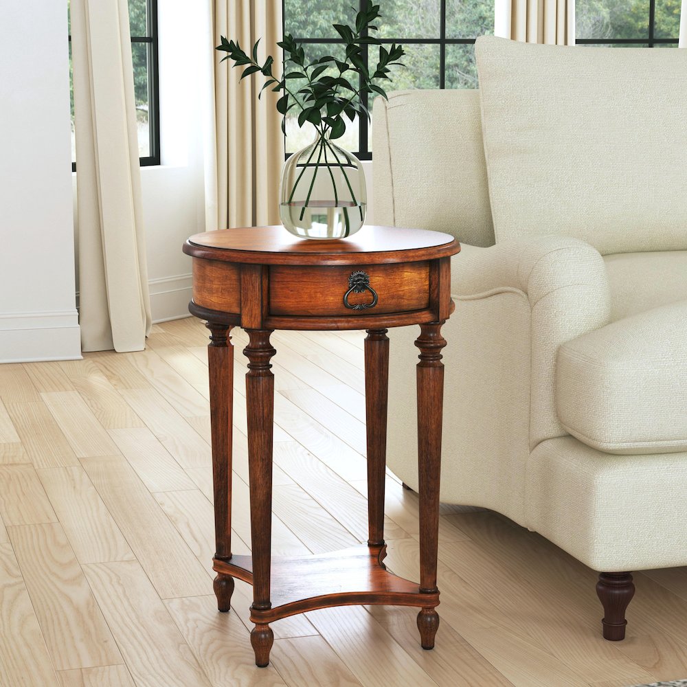 Jules 1-Drawer Round End Table, Medium Brown