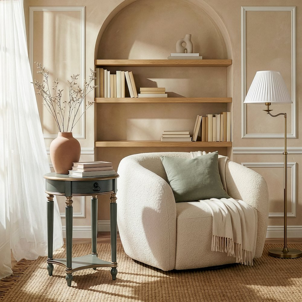 Jules 17.5 in. W Round Wood 1 Drawer End Table,Lower Open Shelf, Pastel Green