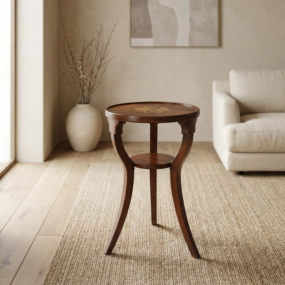 Round Accent Side Table, Traditional Distressed End Table, Cherry