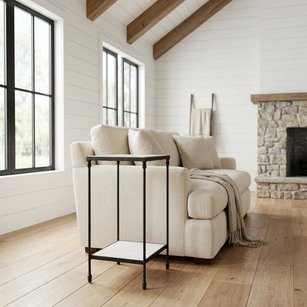 Square Marble Top Side Table with Shelf, Transitional Accent, Black