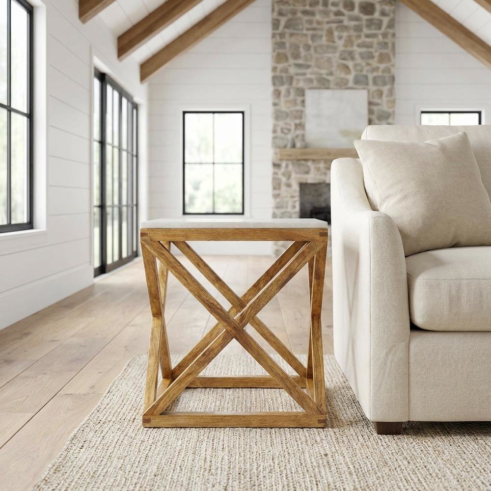 Square End Table with Marble Top, Modern Accent Side Table for Living Room