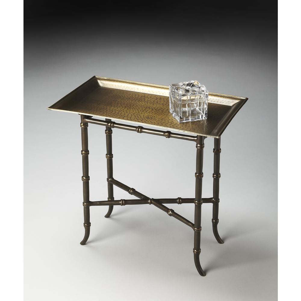 Meiling Antique Brass Tray Top Side Table, Bronze