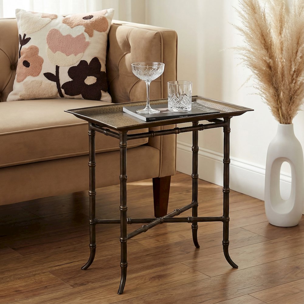 Meiling Antique Brass Tray Top Side Table, Bronze