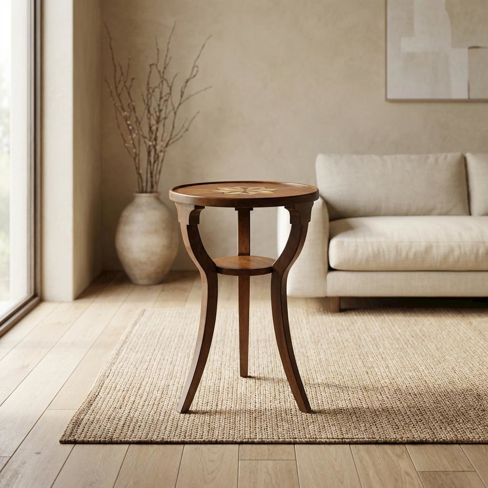 Round Accent Side Table, Traditional Distressed End Table, Olive Ash