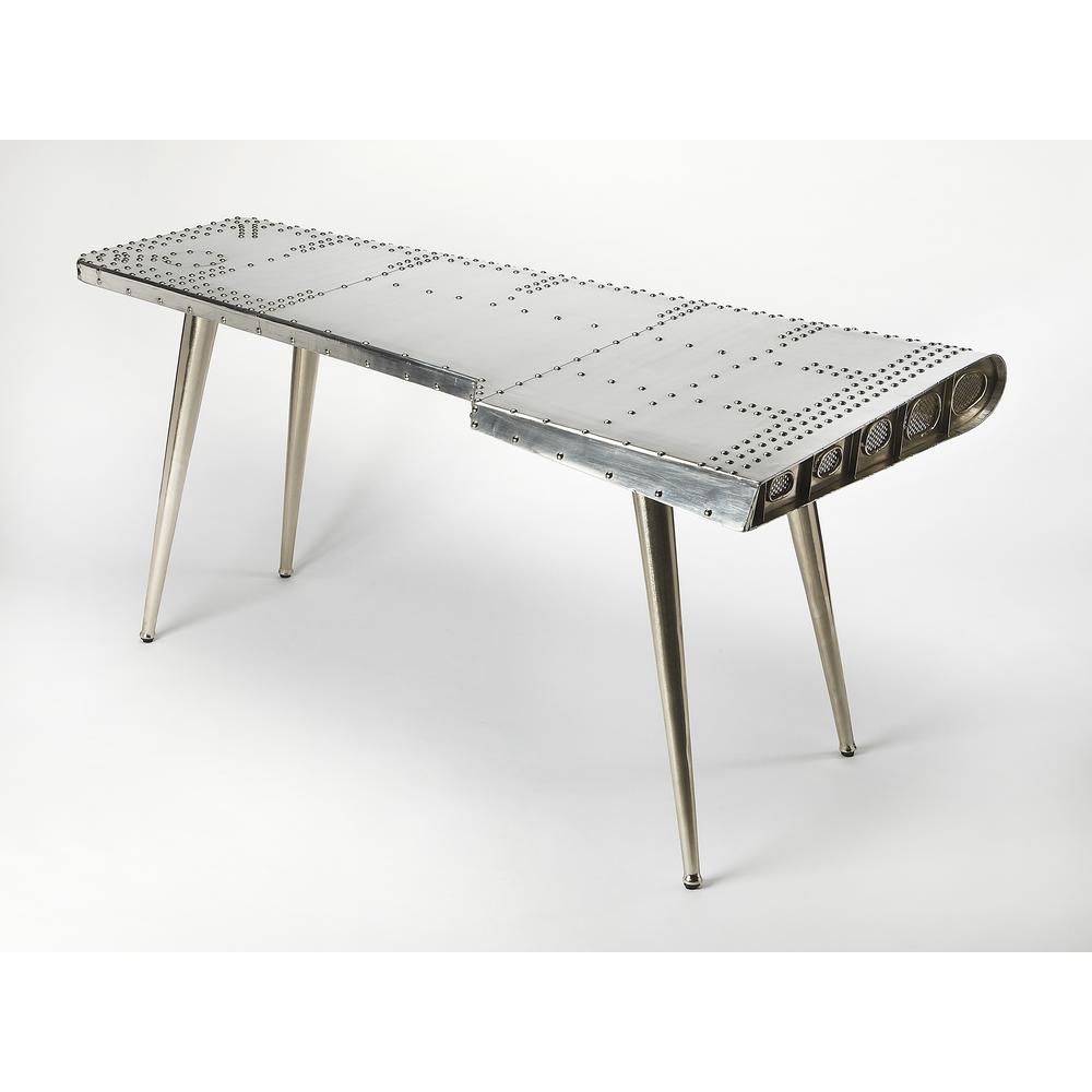 Silver Aviation-Style Desk with Aluminum Finish and Durable Steel Frame