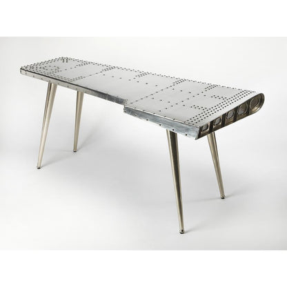 Silver Aviation-Style Desk with Aluminum Finish and Durable Steel Frame