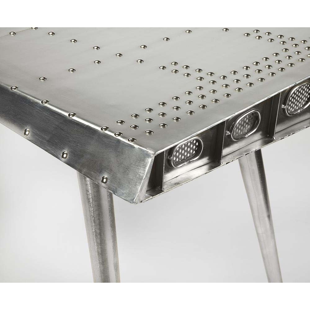 Silver Aviation-Style Desk with Aluminum Finish and Durable Steel Frame
