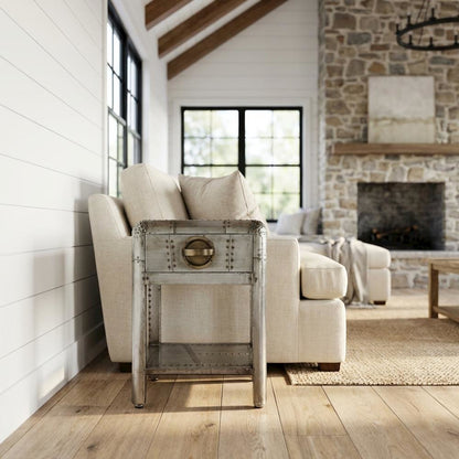 Industrial Side Table with Drawer, Square Wood End Table for Living Room
