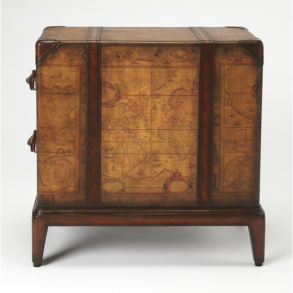 Vasco Old World Map Side Table, Medium Brown