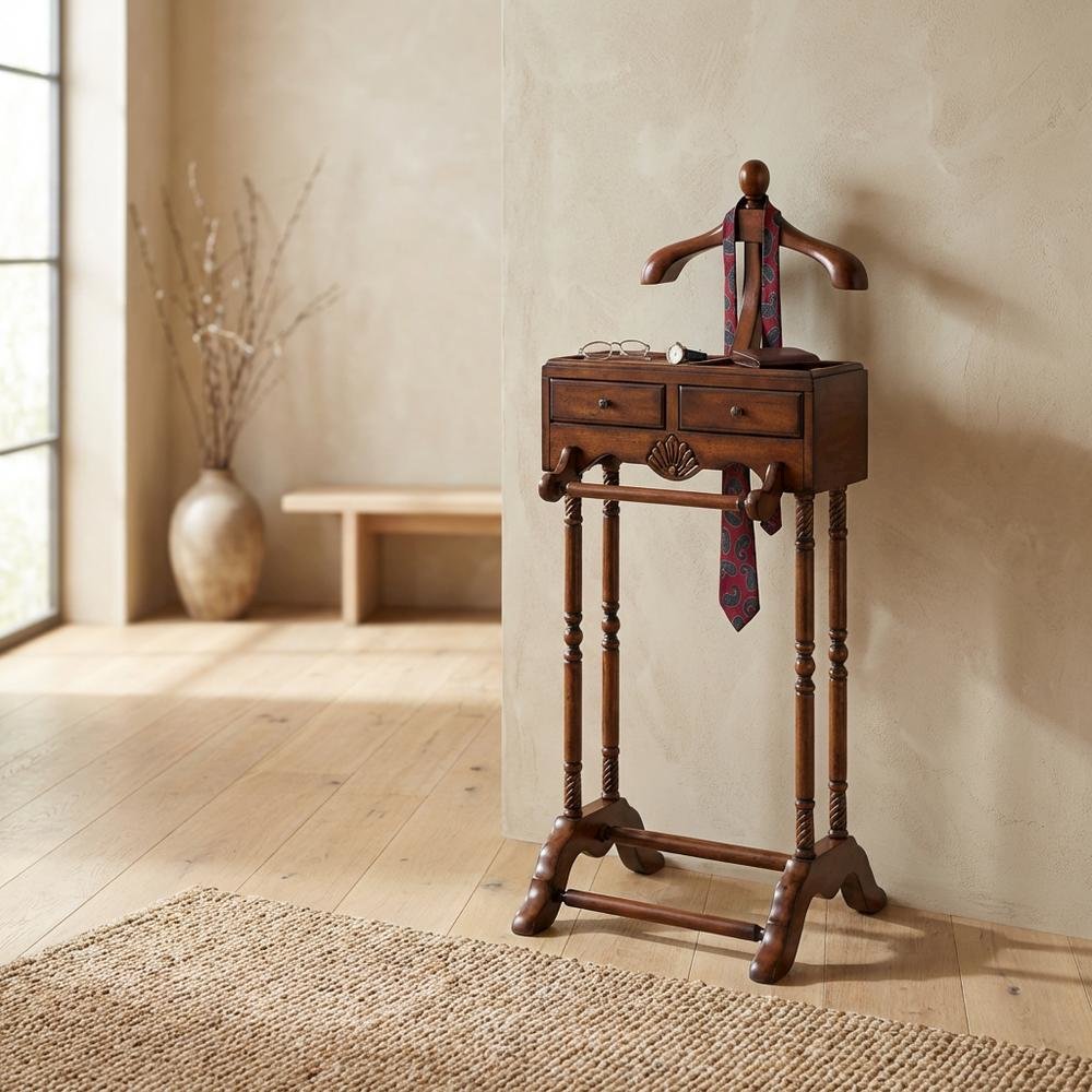 Traditional Valet Stand, 2 Drawers, Wooden Bedroom Clothing Organizer, Cherry