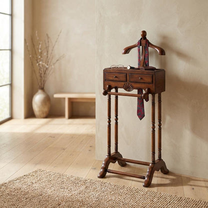 Traditional Valet Stand, 2 Drawers, Wooden Bedroom Clothing Organizer, Cherry