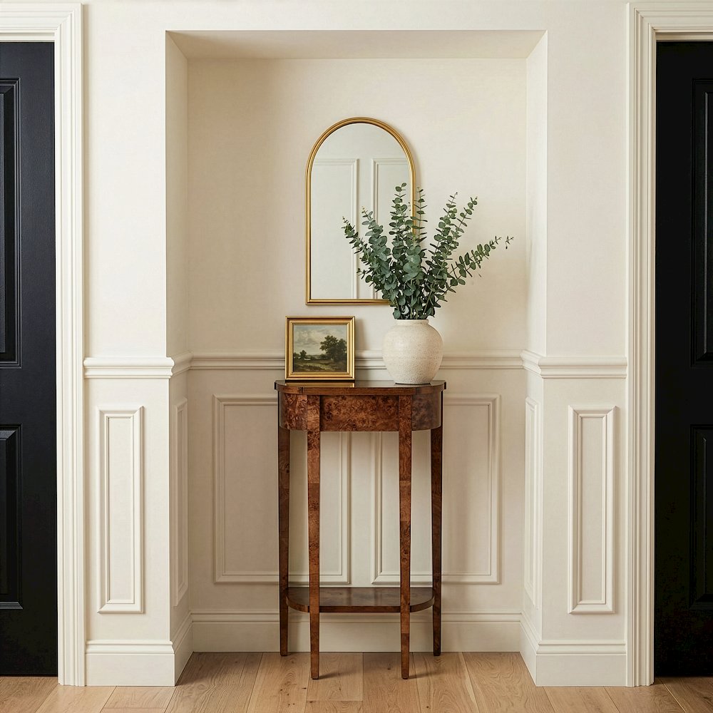 Wendell 17.5 in. W Demilune Wood Console Table with Lower Open Shelf, Brown