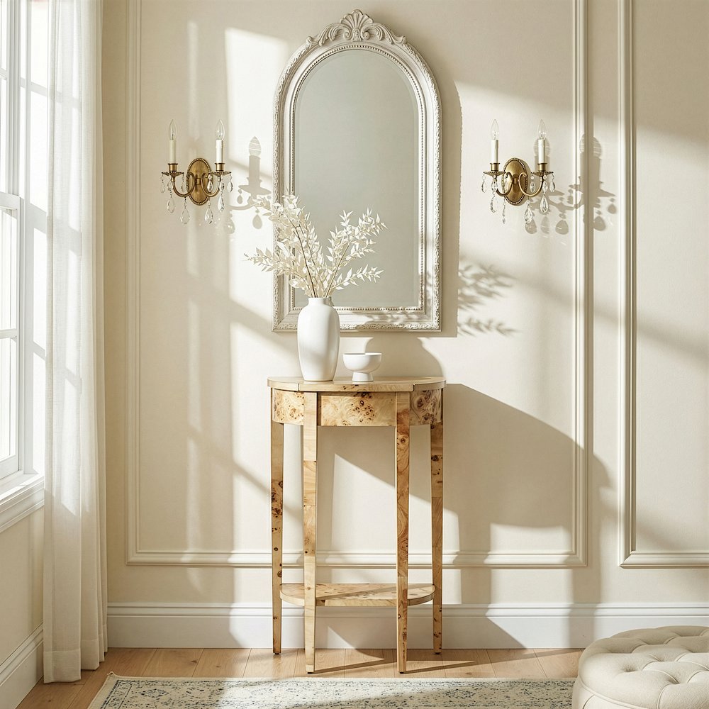 Wendell 17.5 in. W Demilune Wood Console Table, Lower Open Shelf, Light Brown