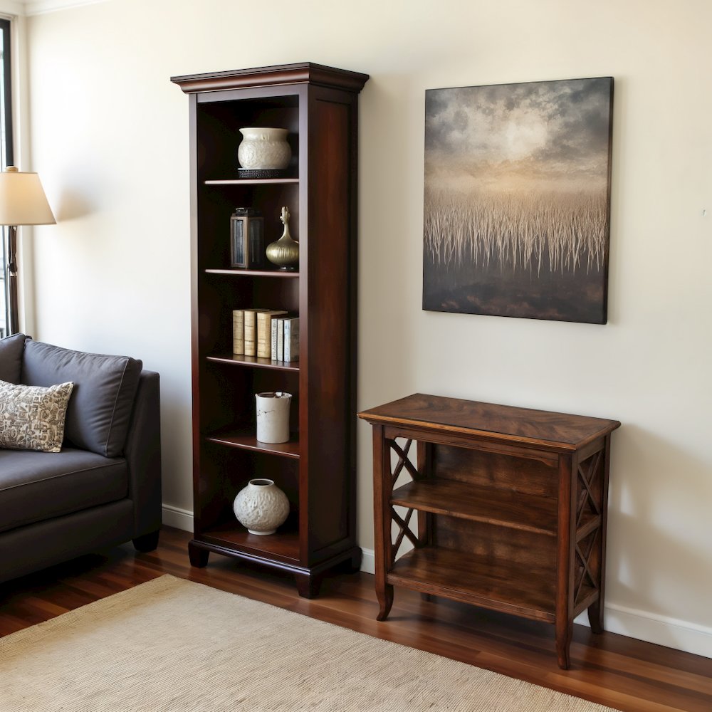 Elegant Medium Brown 2 Shelf Bookcase for Farmhouse and Modern Interiors