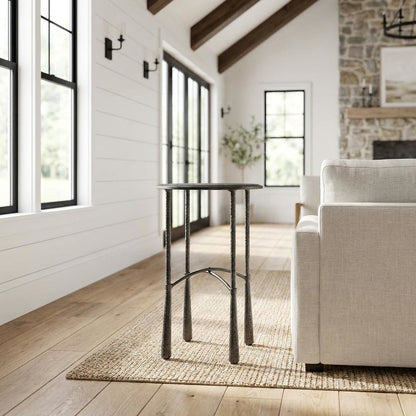 Round Side Table with Distressed Finish, Industrial Accent Table for Living Room