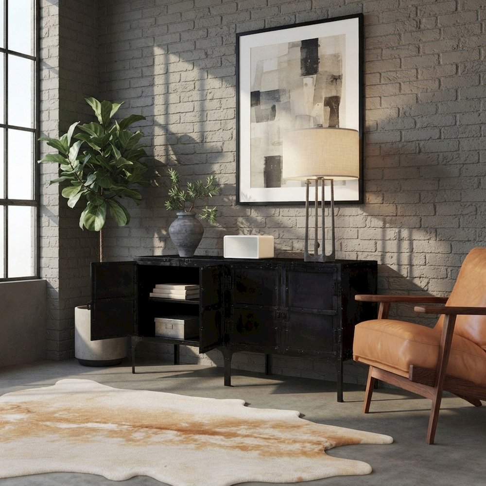 Starlight Canyon Home Console Table with Iron Frame and Cabinets, Black