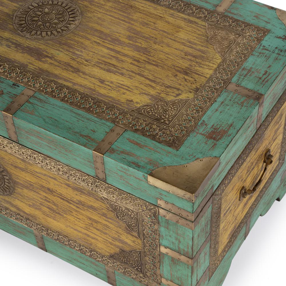 Nador Hand-Painted Brass Inlay Storage Trunk Coffee Table, Blue, Yellow