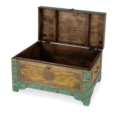 Nador Hand-Painted Brass Inlay Storage Trunk Coffee Table, Blue, Yellow