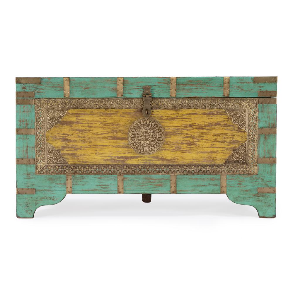 Nador Hand-Painted Brass Inlay Storage Trunk Coffee Table, Blue, Yellow