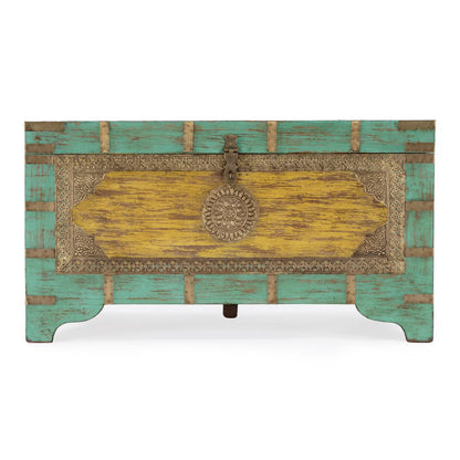 Nador Hand-Painted Brass Inlay Storage Trunk Coffee Table, Blue, Yellow