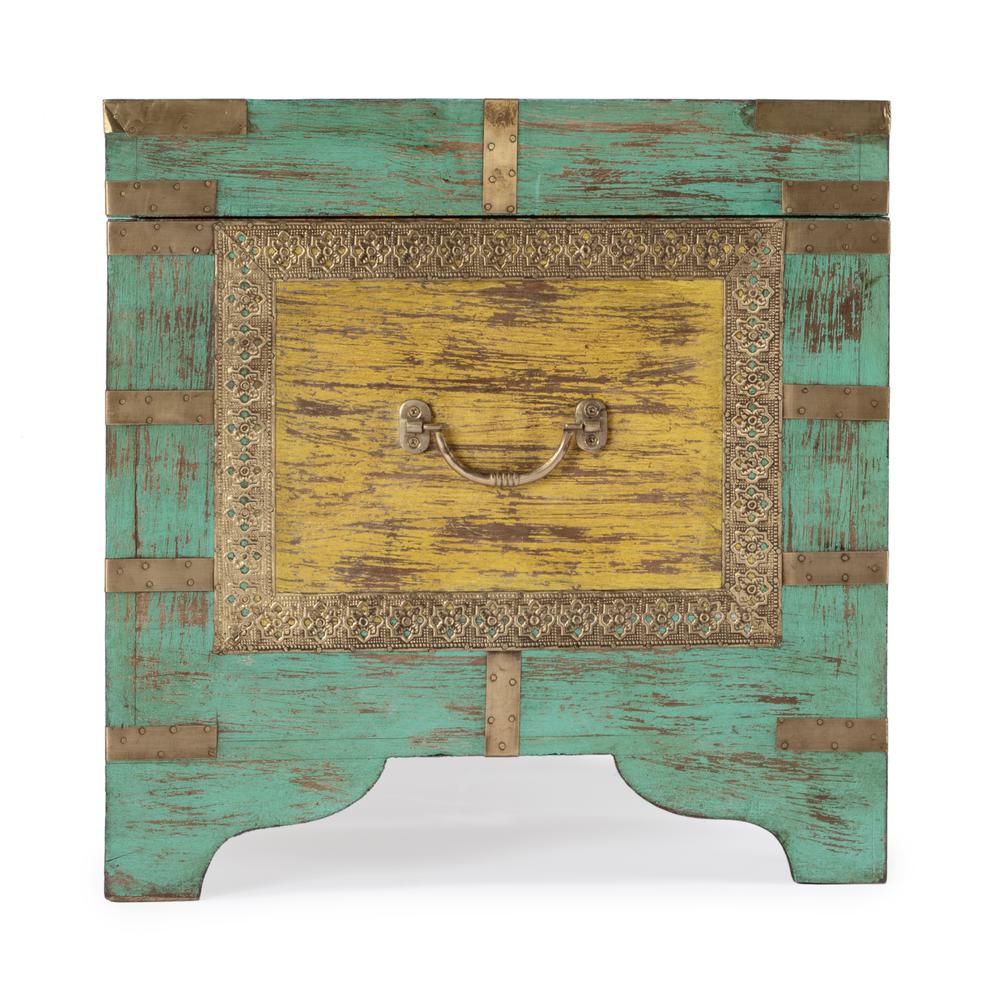 Nador Hand-Painted Brass Inlay Storage Trunk Coffee Table, Blue, Yellow