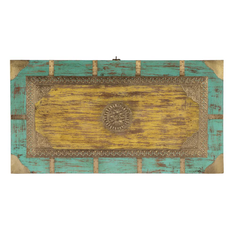Nador Hand-Painted Brass Inlay Storage Trunk Coffee Table, Blue, Yellow