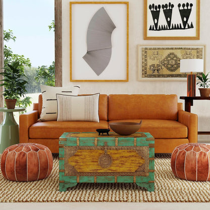 Nador Hand-Painted Brass Inlay Storage Trunk Coffee Table, Blue, Yellow