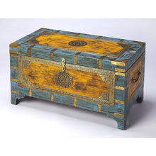 Multicolor Hand-Painted Wooden Storage Trunk Coffee Table with Brass Inlay