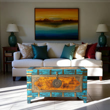 Multicolor Hand-Painted Wooden Storage Trunk Coffee Table with Brass Inlay