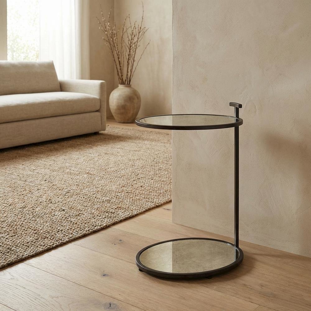 Oval Mirror Top Metal Side Table, Modern Accent End Table for Living Room