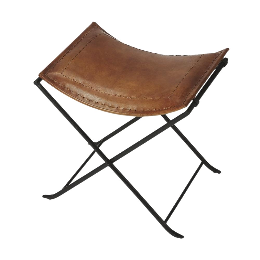 Brown Leather Vanity Stool – Small Sitting Stool for Bedroom or Entryway