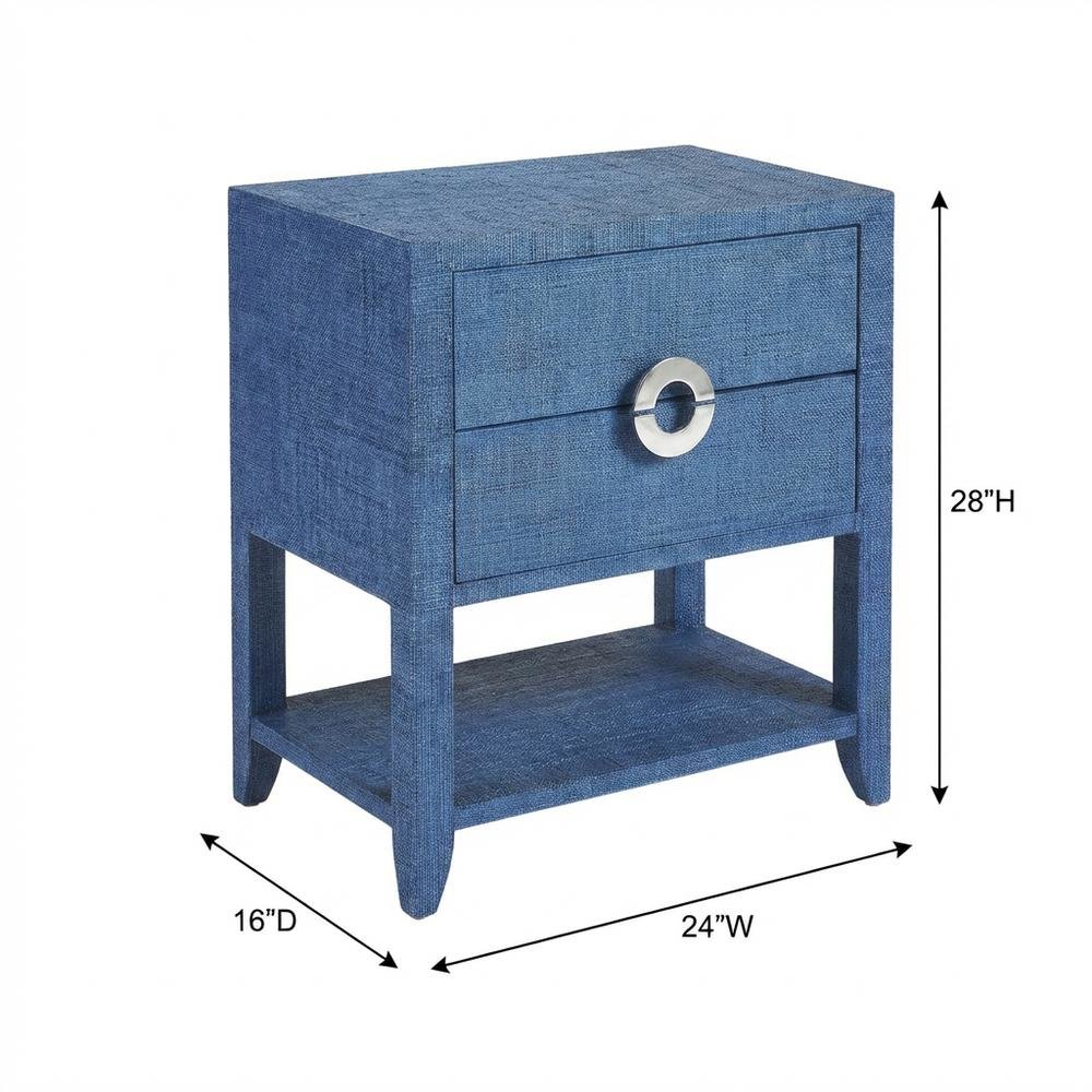 Raffia Nightstand with 2 Drawers, Coastal Bedside End Table for Bedroom, Blue