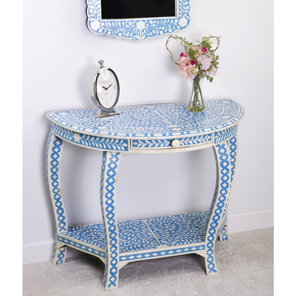 Vivienne Bone Inlay Demilune Console Table, Sky Blue