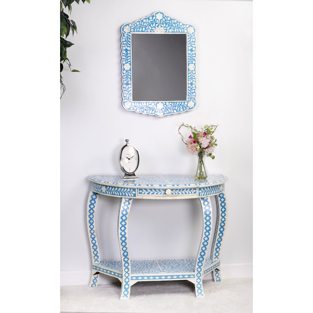 Vivienne Bone Inlay Demilune Console Table, Sky Blue