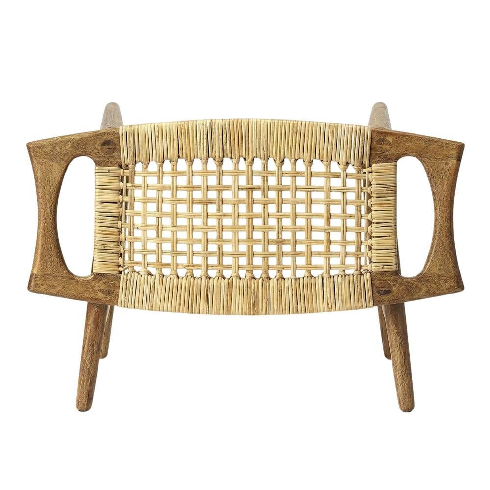 Coastal Wood and Rattan Accent Stool, Rectangular Seat for Living Room